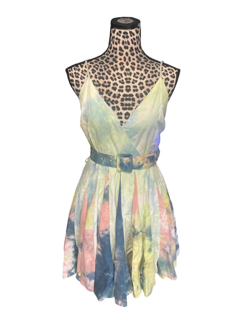 L'ATISTE Pastel Tie-Dye Spaghetti-Strap Mini Dress with Belt
